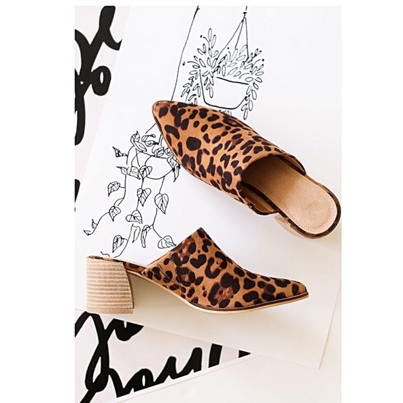 Shoes - Vegan Suede Leopard Block Heeled Mules
